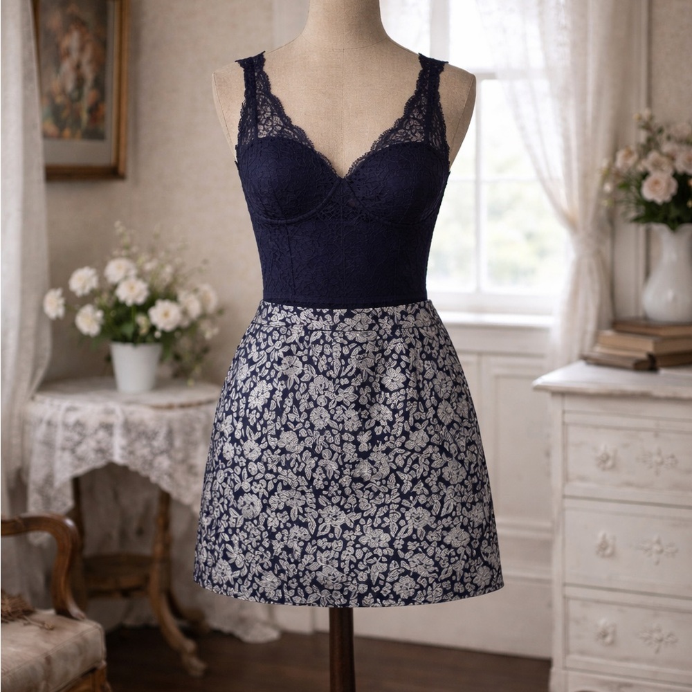 Brooks Brothers, navy & grey, floral, brocade, mini skirt
